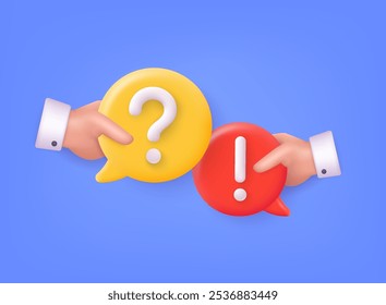 Question and Answers concept in cartoon 3d style. Hand holding QA letters - qustions and answers section icon. 3D Web Vector Illustrations.