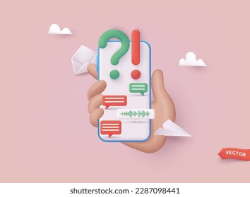 Question and Answers concept. Hand hold smartphone with support app. 3D Web Vector Illustrations.