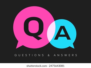 Question and Answers concept illustration template with big circle speech bubbles with QA letters - qustions and answers section icon, header image on dark background