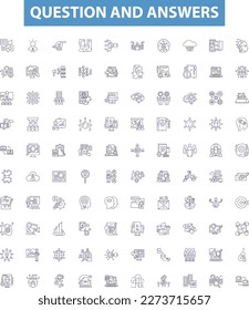 Question and answers line icons, signs set. Questions, Answers, Quiz, Inquiry, Reply, Answerable, Answering, Query, Solution outline vector illustrations.