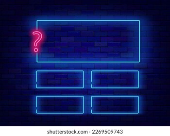 Question and answers neon template. Blue rectangular shape. School test, tv show and exam design. Quiz screen. Shiny banner. Frame with space for text. Luminous border. Vector stock illustration