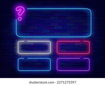 Question and answers neon template. Colorful geometric shapes. School test, tv show and exam design. Quiz screen. Shiny banner. Copy space. Luminous border. Vector stock illustration