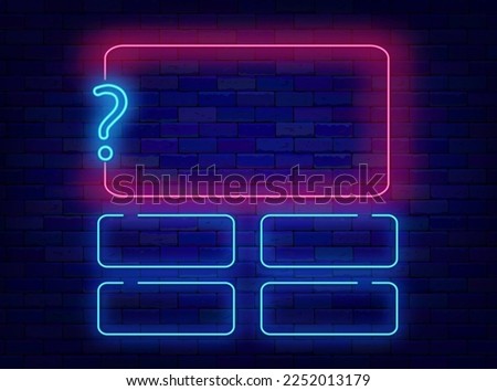 Question and answers neon template. School test, tv show and exam concept. Quiz design. Shiny banner. Simple frame with space for text. Luminous border. Vector stock illustration