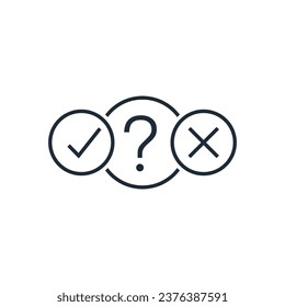 Pregunta con respuestas sí, no. Icono lineal vector aislado en fondo blanco.