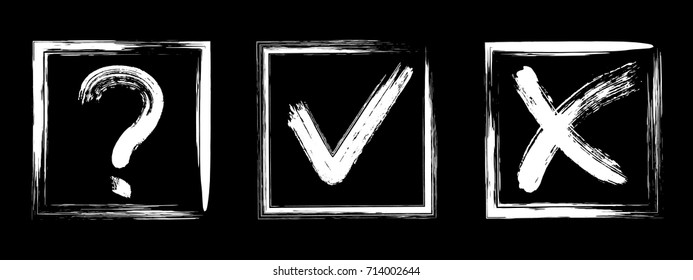 Question, approval tick and rejection cross check marks, query, x and ok symbol signs, test, survey, decision making reply icons, options in check boxes. Checklist marks tick, cross, question design. 