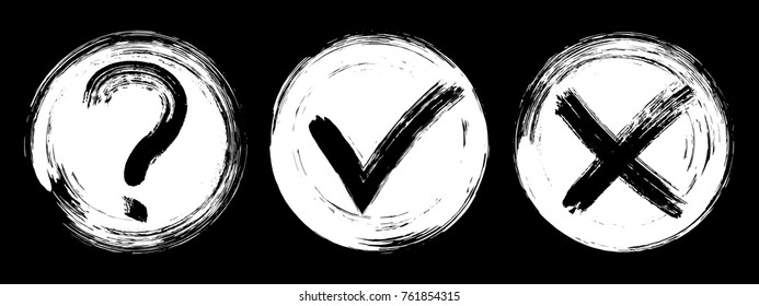 Question, approval tick and rejection cross check marks, query, x and ok symbol signs, survey, quiz, decision making reply icons, options in check boxes. Checklist marks white query, tick and cross. 
