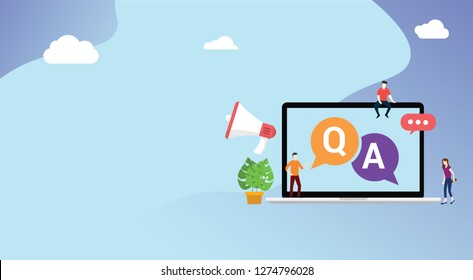 question and ask or qa for customer support with free space for text and laptop and people with megaphone icon - vector