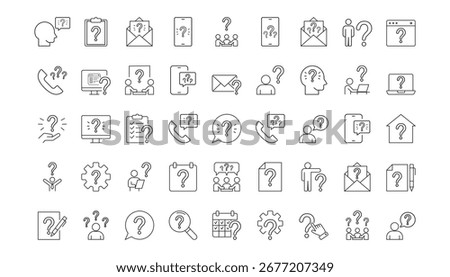 question. to ask questions. icons. look for answers to questions. frequently asked questions. icon with questions. banner. advertisement. black lines.
