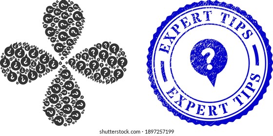 Question banner explosion flower cluster, and blue round EXPERT TIPS textured stamp imitation with icon inside. Element centrifugal explosion designed from oriented question banner symbols.