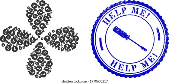 Question banner twirl spin, and blue round HELP ME Exclamation. unclean rubber print with icon inside. Element flower with 4 petals created from oriented question banner items.