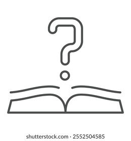 Pregunta y reserva icono de línea delgada, concepto de conocimiento. Gráficos de Vector. Signo del libro de texto en el fondo blanco, icono del estilo del contorno para el móvil o el Diseño web