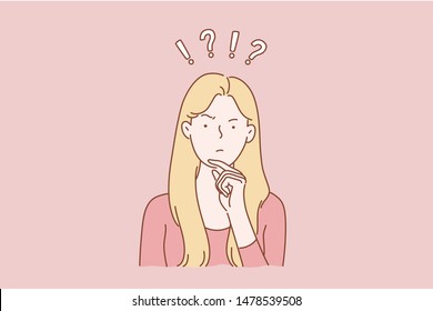 Question, brainstorm, thinking concept of dream young nice pretty cute woman or girl, indecisive lady thought choose decide dilemmas solve problems finding new ideas. Simple flat vector.