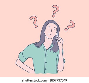 Question, brainstorm, thinking concept of dream young nice pretty cute woman or girl, indecisive lady thought choose decide dilemmas solve problems finding new ideas. Simple flat vector.