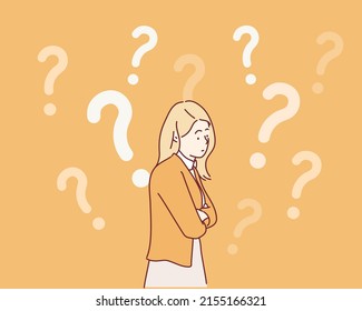 Question, brainstorm, thinking concept of dream woman. Hand drawn style vector design illustrations.