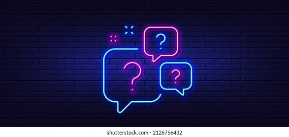 Question bubbles neon light line icon. Ask help sign. Faq questionnaire symbol. Brick pattern wall background. Line style question bubbles icon. Neon light stone brickwall texture. Vector