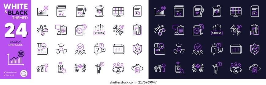 Question bubbles, Oil barrel and Chemistry dna line icons for website, printing. Collection of Calendar, Customer satisfaction, Clipboard icons. Accounting, Video conference. Vector