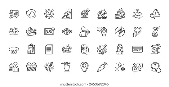 Botón de preguntas, enfermera del hospital y paquete de iconos de línea de seguridad. AI, Pregunta y respuesta, Iconos de pin de mapa. Datos de recuperación, Precio de energía, icono de Web de fecha límite del proyecto. Vector