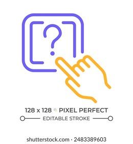 Frage Button Zwei Farblinien Symbol. Zeigefinger auf Button zweifarbige Umrisssymbol. Technischer Support und Kundenservice. Lineares Zweiton-Piktogramm. Einzeldarstellung. Bearbeitbarer Strich