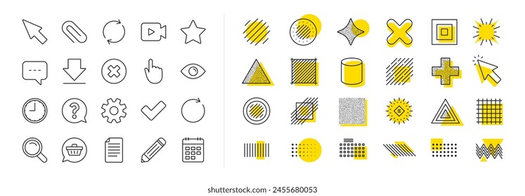 Iconos de pregunta, chat y lápiz. Diseñar Elementos de formas. Iconos de línea de documento, hora y calendario. Cogwheel, documento de calendario de Descarga, adjuntar Clip. Cursor del ratón, Lupa y Carrito de compras. Vector