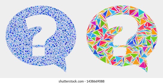 Question collage icon of triangle elements which have different sizes and shapes and colors. Geometric abstract vector illustration of question.