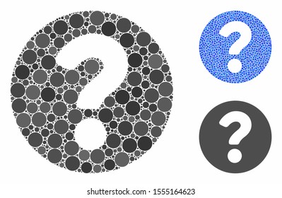 Question composition of small circles in different sizes and shades, based on question icon. Vector small circles are composed into blue collage. Dotted question icon in usual and blue versions.