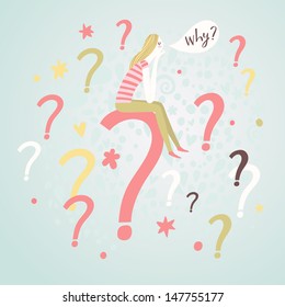 Question concept cartoon illustration. Girl sitting on question mark in vector