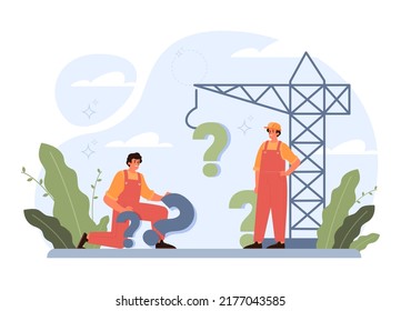 Question concept. Confused character in doubt with big question mark sign. FAQ or question and answer concept. Customer help, support and information. Flat vector illustration