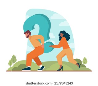 Concepto de pregunta. Carácter confuso en duda con un signo de interrogación grande. Preguntas frecuentes o concepto de preguntas y respuestas. Ayuda, asistencia e información del cliente. Ilustración vectorial plana