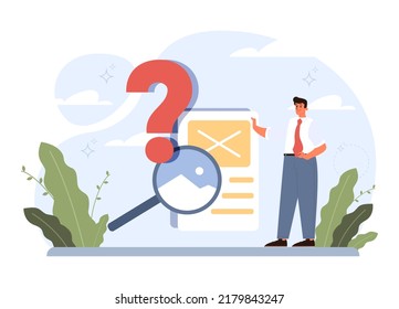 Concepto de pregunta. Carácter confuso en duda con un signo de interrogación grande. Preguntas frecuentes o concepto de preguntas y respuestas. Ayuda, asistencia e información del cliente. Ilustración vectorial plana
