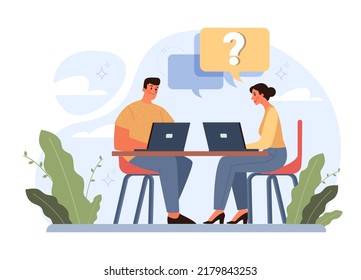 Question concept. Confused character in doubt with big question mark sign. FAQ or question and answer concept. Customer help, support and information. Flat vector illustration
