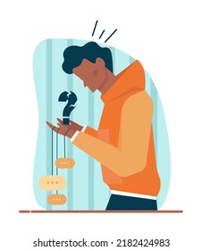 Concepto de pregunta. Carácter confuso en duda con un signo de interrogación grande. Preguntas frecuentes o concepto de preguntas y respuestas. Ayuda, asistencia e información del cliente. Ilustración vectorial plana