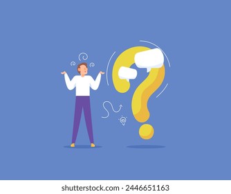 question concept. FAQ or frequently asked questions. service and support center. communication problems. man who looks confused. man with question mark. flat style illustration concept design. graphic