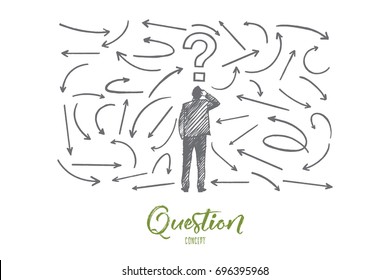 Question concept. Hand drawn man near a wall with questions. Male person who has to make a decision isolated vector illustration.