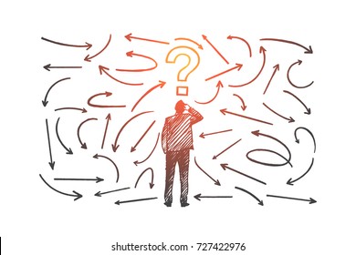 Question concept. Hand drawn man near a wall with questions. Male person who has to make a decision isolated vector illustration.