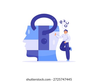 Concepto de pregunta. Ilustración de un hombre pensando en respuestas y soluciones. Resolución de problemas, completar rompecabezas, superar problemas, pensamiento creativo. Preguntas frecuentes o Preguntas frecuentes. Confusión y asombro. Diseño de metáfora de estilo plano. El fondo blanco.