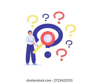 Un concepto de pregunta. Ilustración de un hombre usando una lupa para encontrar respuestas y soluciones. Solución de problemas, preguntas frecuentes o Preguntas frecuentes. Maravilla y confusión. Diseño de metáfora de estilo plano. Fondo blanco