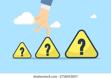 Ilustração do conceito de pergunta mostrando o salto do ponto de interrogação pequeno para o grande. Adequado para resolução de problemas, tomada de decisão, incerteza e design vetorial plano moderno.