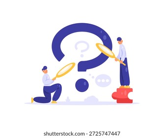 Concepto de pregunta. Ilustración de un equipo trabajando juntos y usando una lupa para encontrar respuestas y soluciones. Solución de problemas, preguntas frecuentes o Preguntas frecuentes. Confusión y asombro. Diseño de metáfora de estilo plano. El fondo blanco.