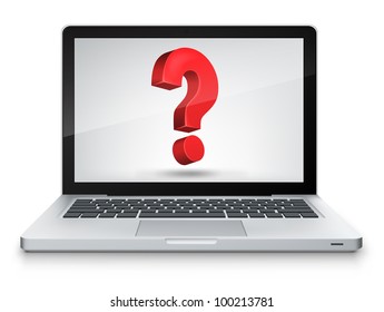 Concepto de preguntas. Portátil con fondo gradiente gris. Vector.