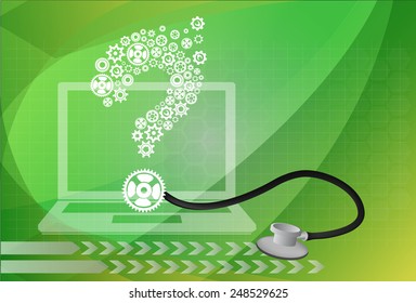 Question Concept. Laptop on the technologies background 