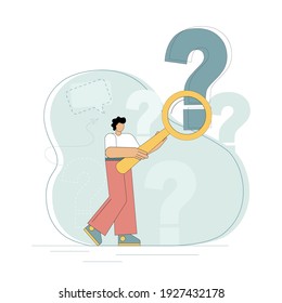 Question concept. A man holds a magnifying glass and examines through it at points of questioning. Frequently asked questions, inquiry, investigation, information retrieval. Vector flat illustration.