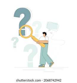 Question concept. A man holds a magnifying glass and examines through it at points of questioning Vector flat illustration