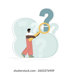 Question concept. A man holds a magnifying glass and examines through it at points of questioning