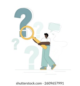Question concept. A man holds a magnifying glass and examines through it at points of questioning