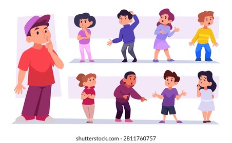 Question concept. Vector illustration features kids with puzzled emotions and question symbols for learning and thinking exact scenes