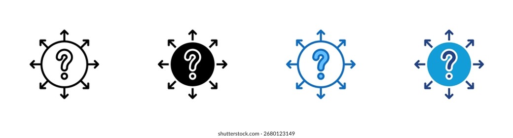 Question Directions Multiple Style Icon Sheet Design Vector - Circle with arrows pointing outward and a question mark in the center, symbolizing choice, decision, or multiple directions