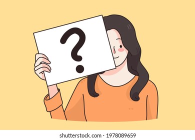 Question, doubt, asking concept. Frustrated positive woman cartoon character standing with question mark on sign feeling doubt having no answer vector illustration 