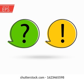 Question and exclamation cartoon mark in speech bubble cloud vector illustration. Help icon. Ask and answer concept. Communication and information image. Discussion speak sign. Business talk label.
