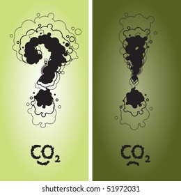 Question and exclamation mark with CO2 sign written as a smoke clouds