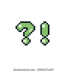 Question and exclamation mark, help icon pixel art style, ask. Isolated vector illustration. Game assets 8-bit sprite. Design for stickers, web, mobile app.